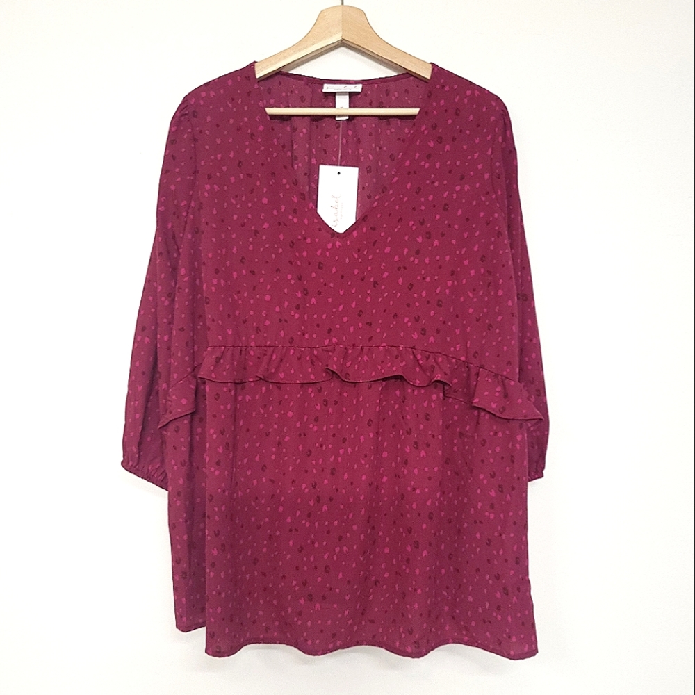 Ingrid & Isabel Maternity Blouse Magenta Pink Dots Elbow Sleeve Ruffle Size XL